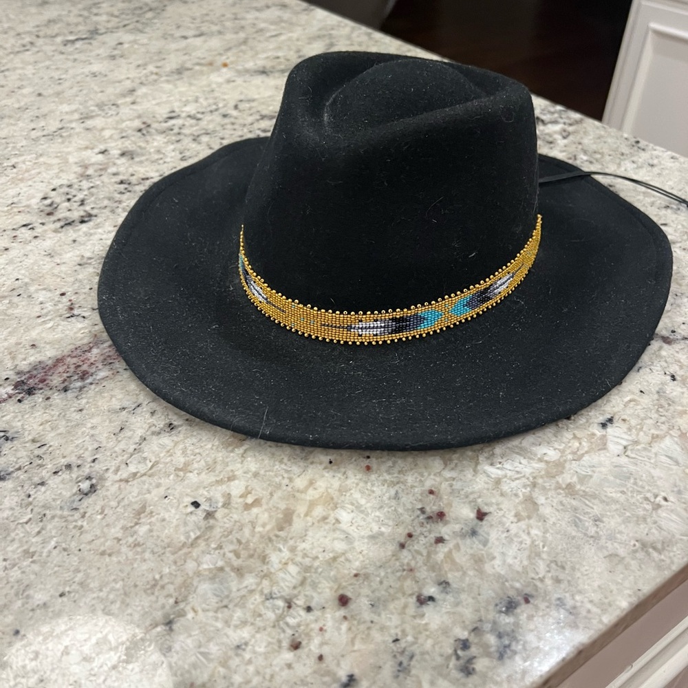 Free People Black Fedora with Gold Beaded Band